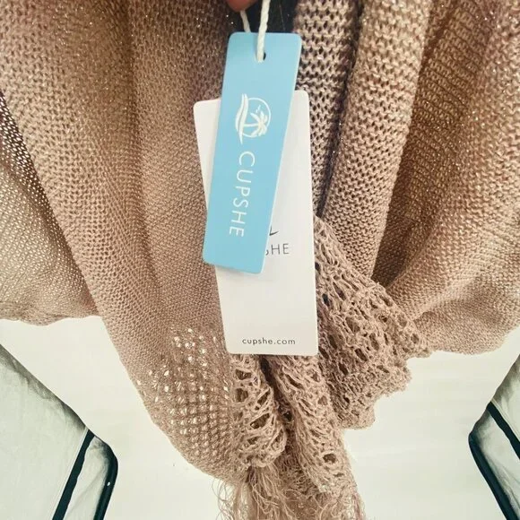 Cupshe Light Purple Crochet Shimmer Knit Fringe Open Front Kimono Swim Cover L - Picture 3 of 6